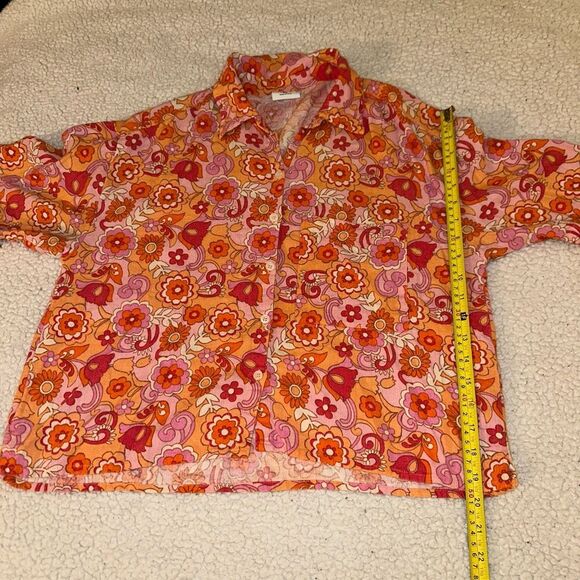 Social Tourist Groovy Retro Floral Pattern Pink Orange Collared Button Shirt Med - Picture 10 of 13